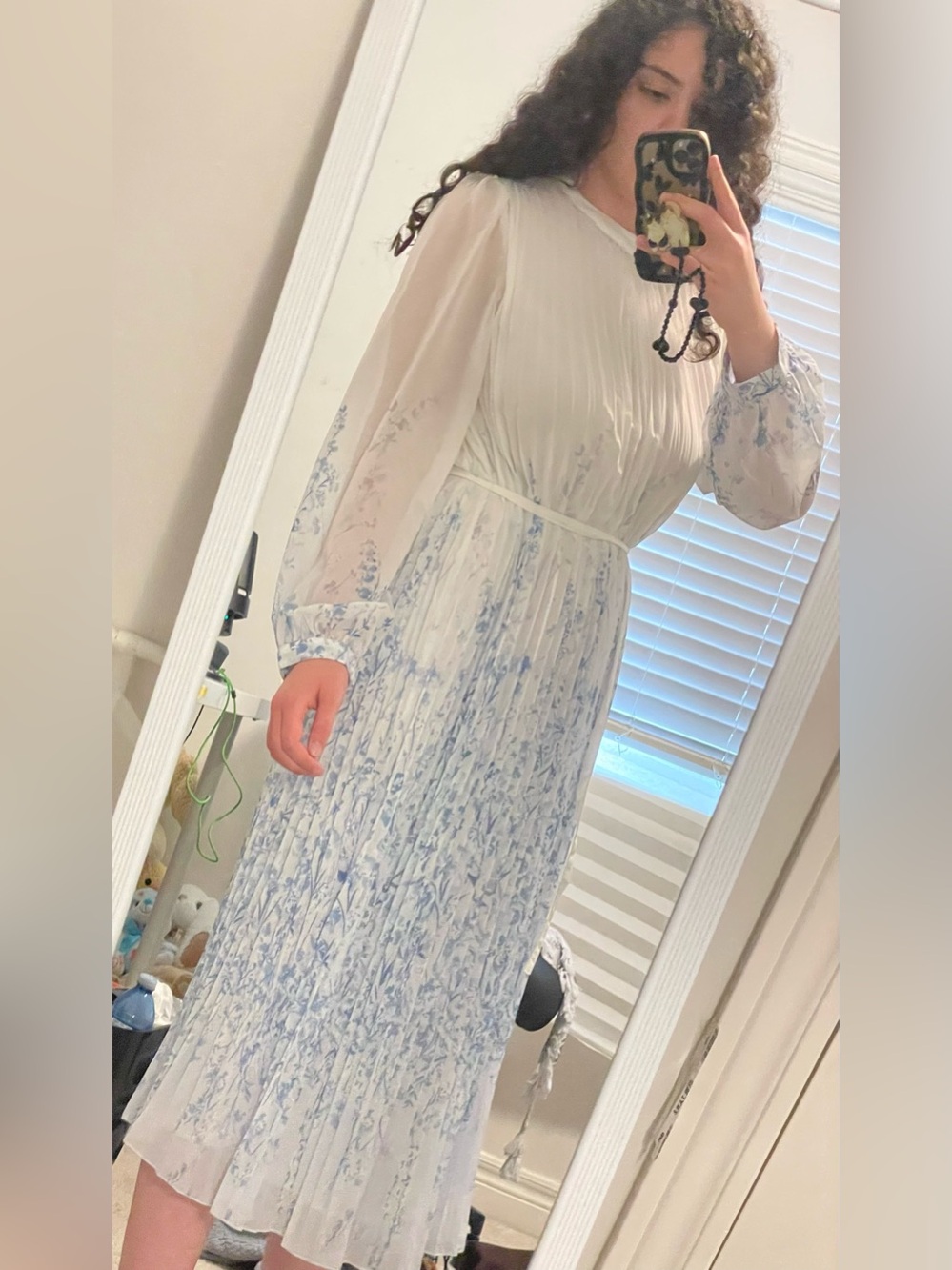 Long Sleeve White and Light Blue Floral Maxi Dress